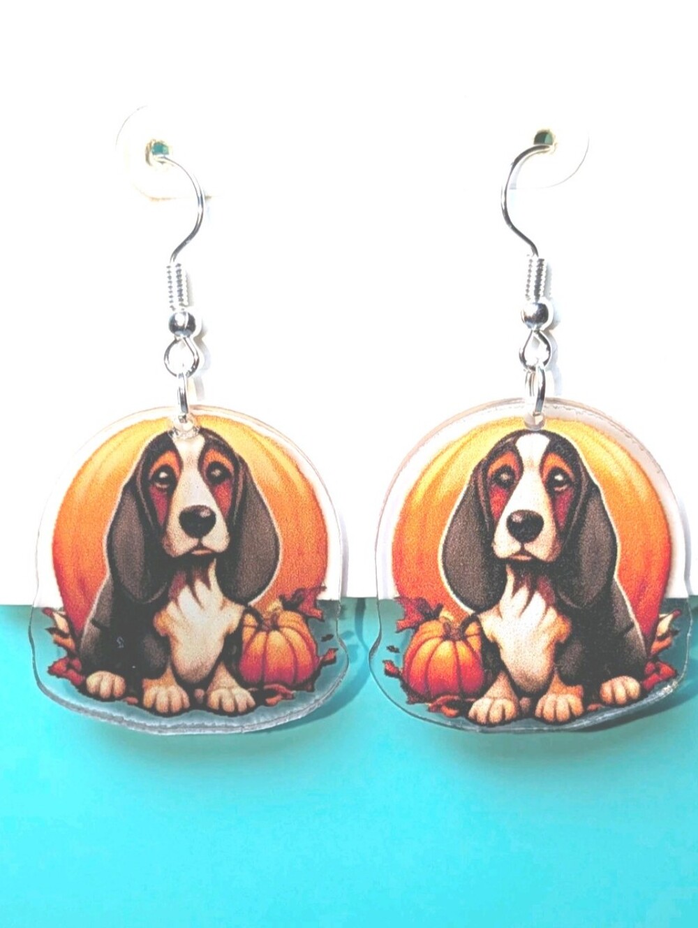 Hand Crafted Basset Hound Pumpkin Earrings - Orange, Brown, Black